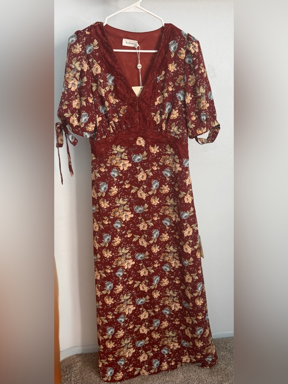 bohme Burgundy Floral Lace-Trim Midi Dress